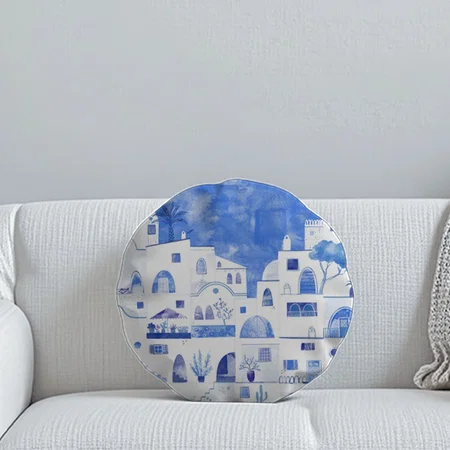 Santorini Greece Watercolor Townscape Customized Photo Printed Circle Cushion Pillow