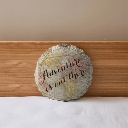 Adventure Is Out There Quote Vintage Map Travel Customized Photo Printed Circle Cushion Pillow