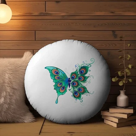 Butterfly with Green Peacock Feathers Customized Photo Printed Circle Cushion Pillow