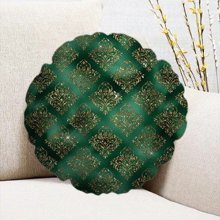 Gold Green Damask Elegant Chic Glitter Customized Photo Printed Circle Cushion Pillow