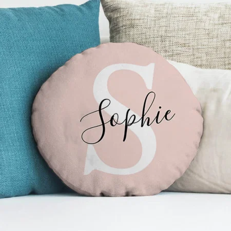 Pastel Pink Modern Name Monogram Customized Photo Printed Circle Cushion Pillow