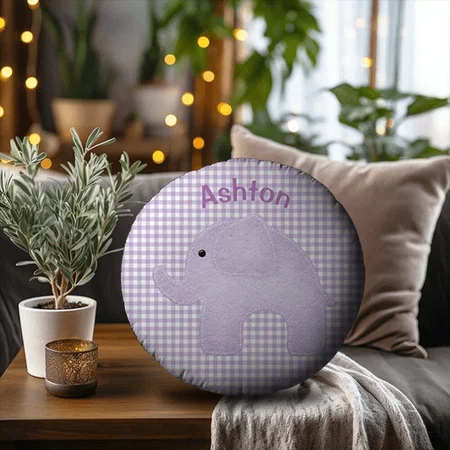 Elephant Purple Plaid Gingham Nursery Customized Photo Printed Circle Cushion Pillow
