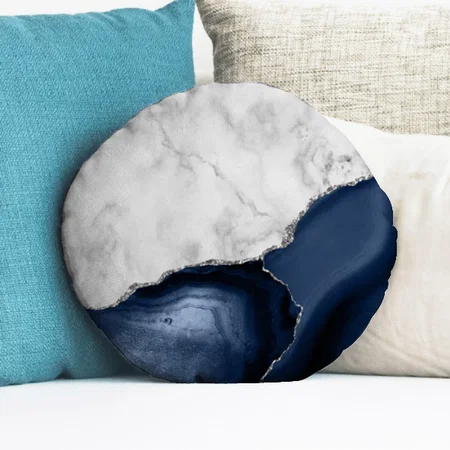 White Marble Navy Blue Agate Silver Glitter Customized Photo Printed Circle Cushion Pillow