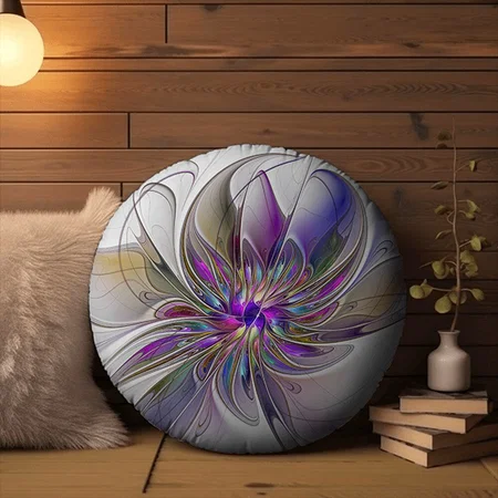 Energetic, Colorful Abstract Fractal Art Flower Customized Photo Printed Circle Cushion Pillow