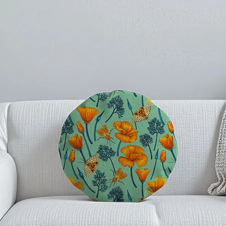 California Poppies And Moths On Jade Customized Photo Printed Circle Cushion Pillow
