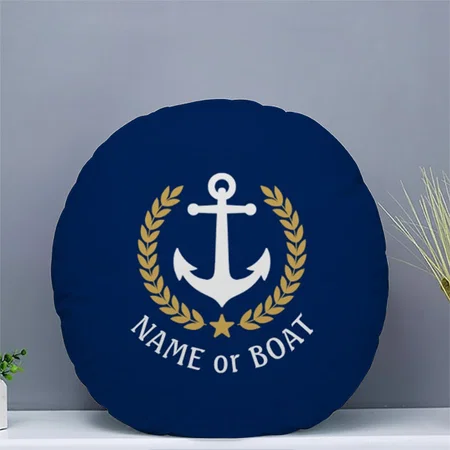 Nautical Anchor Your Boat Name Gold Laurel Navy Customized Photo Printed Circle Cushion Pillow