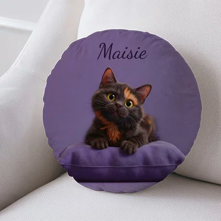 Cartoon Tortoiseshell Kitten on Purple Customized Photo Printed Circle Cushion Pillow