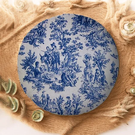 French Toile De Jouy Blue And White Elegant Customized Photo Printed Circle Cushion Pillow