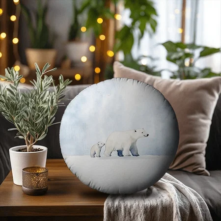 Cute Arctic Polar Bear Family  Customized Photo Printed Circle Cushion Pillow