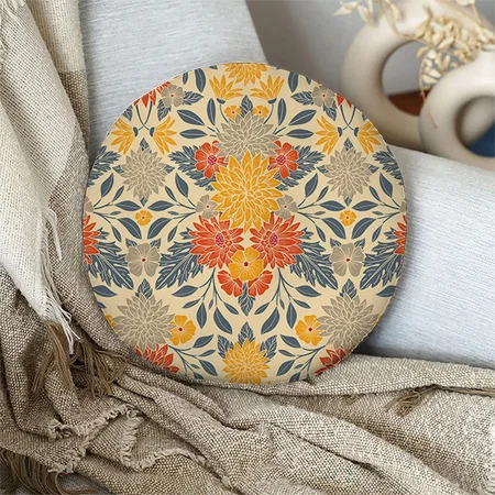 Warm Yellow, Orange & Blue Floral Customized Photo Printed Circle Cushion Pillow