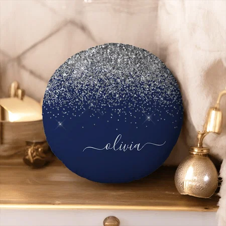 Silver Navy Blue Girly Glitter Sparkle Monogram Customized Photo Printed Circle Cushion Pillow