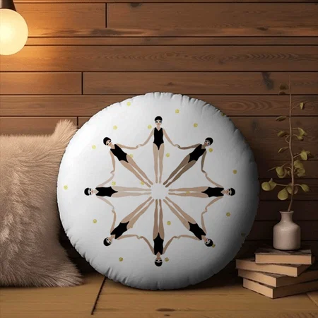 Modern Artistic Synchronized Swimmers Gold Dots Customized Photo Printed Circle Cushion Pillow