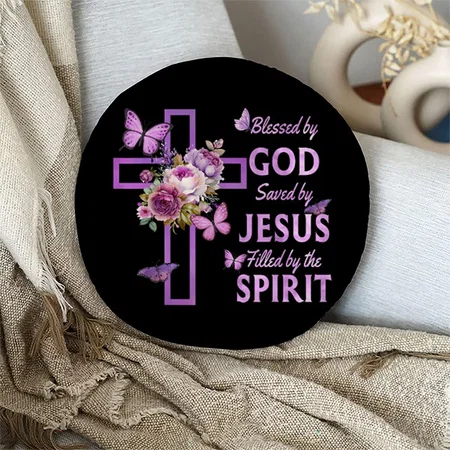 Blessed by God Saved by Jesus Purple Floral Cross Customized Photo Printed Circle Cushion Pillow