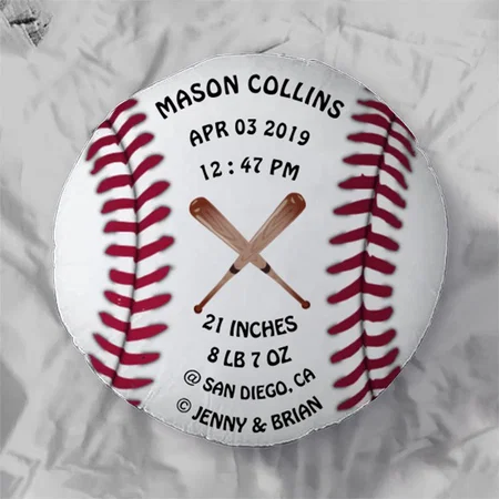 Personalized Baseball Baby Stats Birth Records Customized Photo Printed Circle Cushion Pillow