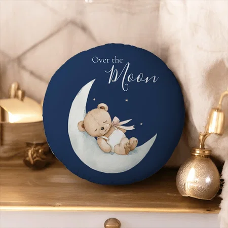 Over the Moon Bear Blue Baby Customized Photo Printed Circle Cushion Pillow