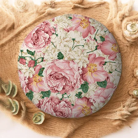 Vintage Pink Peonies and Ivory Hydrangeas Pattern Customized Photo Printed Circle Cushion Pillow