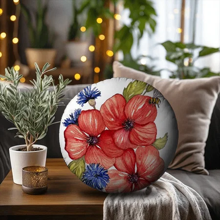 Red Poppy and Blue Cornflower Watercolor Customized Photo Printed Circle Cushion Pillow
