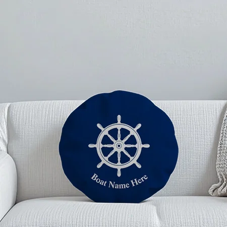 Boat Name Nautical Ships Wheel Helm Navy Blue Customized Photo Printed Circle Cushion Pillow