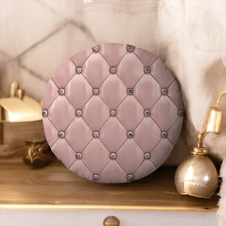 Blush Pink Satin Elegant Chic Metallic Customized Photo Printed Circle Cushion Pillow