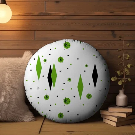 Retro Green Diamond & Starburst Round Customized Photo Printed Circle Cushion Pillow