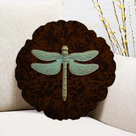 Graphic Vintage Style Patina Dragonfly Green Brown Customized Photo Printed Circle Cushion Pillow