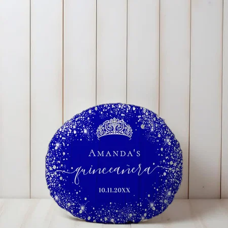 Royal Blue Silver Glitter Tiara Customized Photo Printed Circle Cushion Pillow