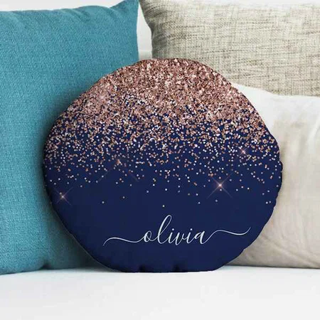 Navy Blue Rose Gold Blush Pink Glitter Monogram Customized Photo Printed Circle Cushion Pillow