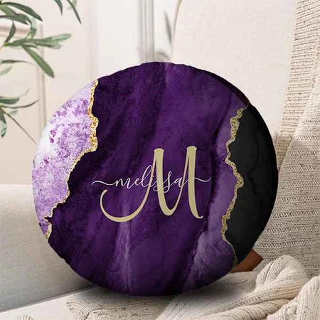 Chic Purple Gold Glitter Customized Photo Printed Circle Cushion Pillow