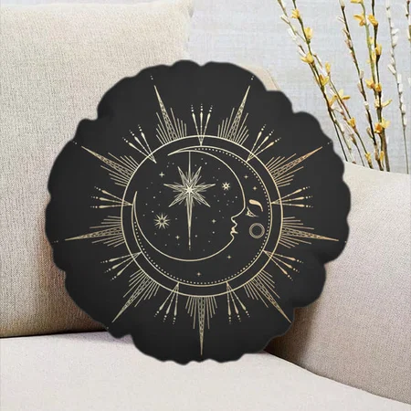Gold Black Sun and Moon Celestial Faux Customized Photo Printed Circle Cushion Pillow