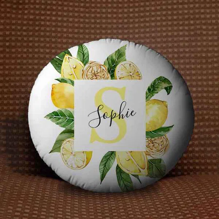 Yellow Lemons Frame & Leaves Customized Photo Printed Circle Cushion Pillow