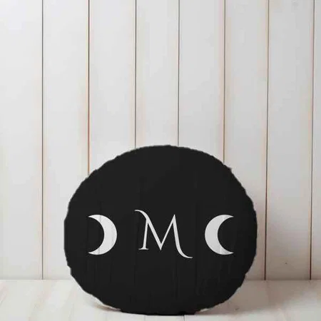 Black and White Modern Crescent Moons Monogram Customized Photo Printed Circle Cushion Pillow