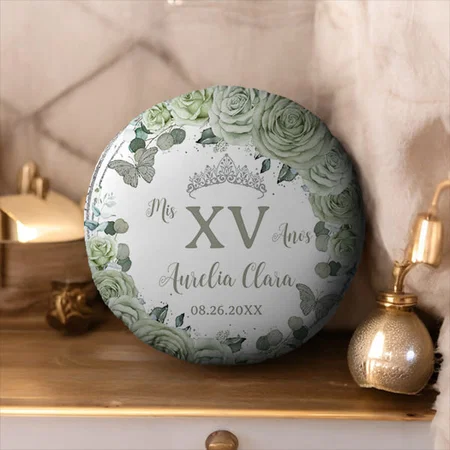 Sage Green Floral Butterflies Dress Customized Photo Printed Circle Cushion Pillow