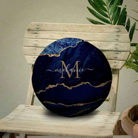 Navy Blue Gold Gemstone Marble Customized Photo Printed Circle Cushion Pillow