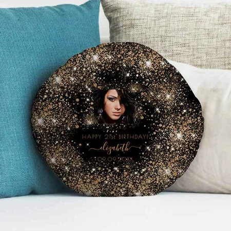 Black Birthday Gold Glitter Monogram Customized Photo Printed Circle Cushion Pillow