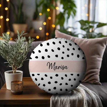 Pastel Pink & Black Dots Round Customized Photo Printed Circle Cushion Pillow