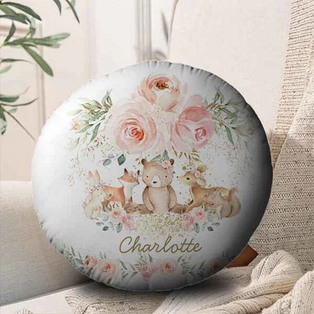 Woodland Animals Blush Floral Girl Bedroom Customized Photo Printed Circle Cushion Pillow