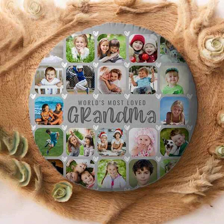 Grandma Rounded Photo Collage Customized Photo Printed Circle Cushion Pillow