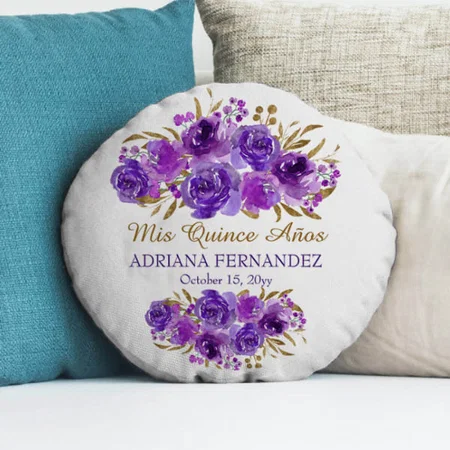 Purple Floral and Gold Leaf Customized Photo Printed Circle Cushion Pillow