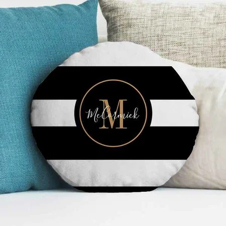 Black And White Stripes Gold Family Monogrammed Customized Photo Printed Circle Cushion Pillow