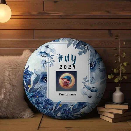 Blue Floral Customized Photo Printed Circle Cushion Pillow