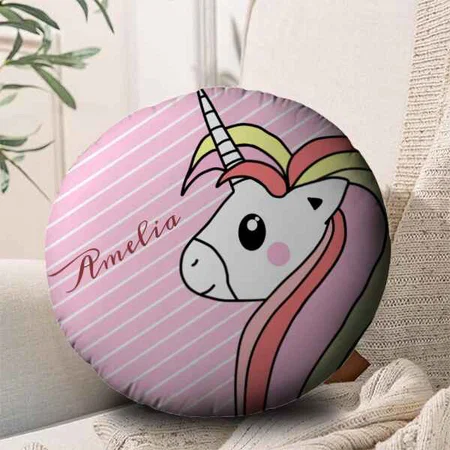 Pink Unicorn Stripe Pattern Customized Photo Printed Circle Cushion Pillow