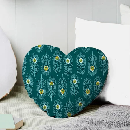 Lovely Hand Drawn Peacock Feather Pattern Customized Photo Printed Heart Cushion Pillow