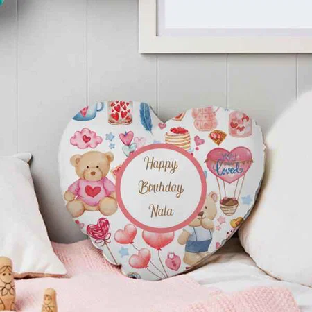 Pink Teddy Bear and Heart Customized Photo Printed Heart Cushion Pillow