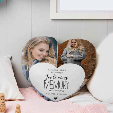 Modern 2 Photo In Loving Memory Tribute Customized Photo Printed Heart Cushion Pillow