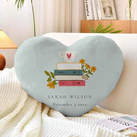 Blue Dusky Stacked Storybooks Floral Bridal Shower Customized Photo Printed Heart Cushion Pillow