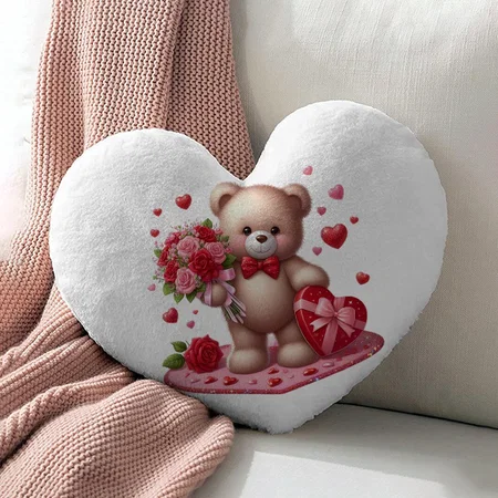 Cute Valentine's Day Teddy Bear Customized Photo Printed Heart Cushion Pillow