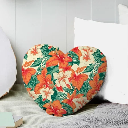 Hawaiian Vibe Aesthetic Tropical Flowers Pattern Customized Photo Printed Heart Cushion Pillow