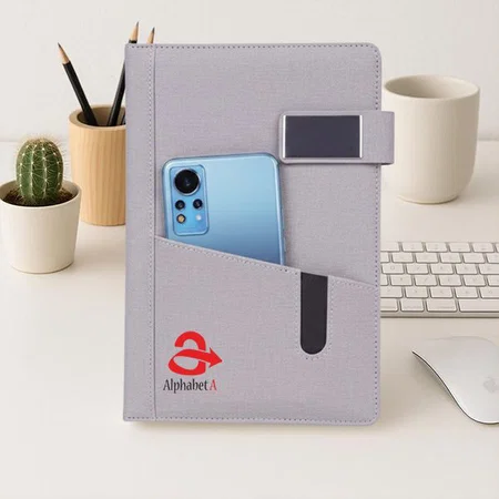 Grey Customized A5 Organiser Notebook With Card Slots & Bookmark Ribbon | Hard Bound Cover