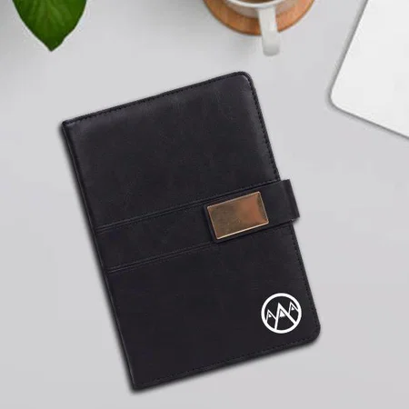 Black Customized A5 Notebook With Stitching Design, Metal Flap Closure & Bookmark Ribbon | 192 Writing Pages | Hard Bound Cover