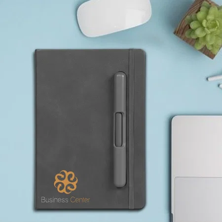 Grey Customized A5 Notebook With Hard Pen Slot And Folding Cover Phone Stand | Hard Bound Cover